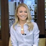 Kelly’s navy skirt and striped blouse on Live with Kelly and Mark