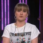 Kelly’s white talking heads graphic tee on The Kelly Clarkson Show