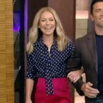 Kelly’s blue polka dot print blouse and skirt on Live with Kelly and Mark