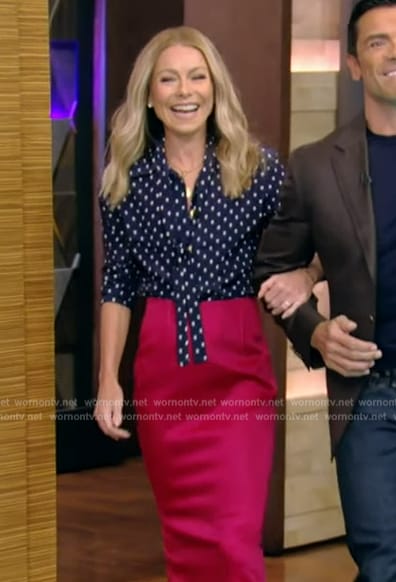 Kelly's blue polka dot print blouse and skirt on Live with Kelly and Mark