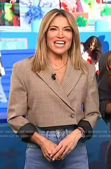 Kit’s beige plaid cropped blazer on Access Hollywood