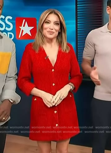 Kit's red textured button front dress on Access Hollywood