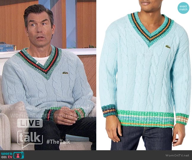 Lacoste V-Neck Colorblock Cableknit Sweater worn by Jerry O'Connell on The Talk