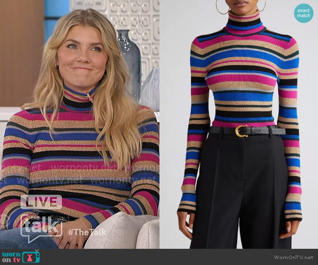 L'Agence Olene Sweater in Magenta Multi Stripe worn by Amanda Kloots on The Talk