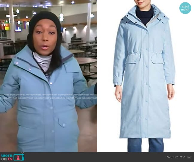 Land's End Expedition Waterproof Winter Maxi Down Coat in Soft Blue Haze worn by Rachel Scott on Good Morning America