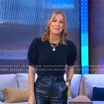 Lara’s navy puff sleeve top and belted leather pants on Good Morning America