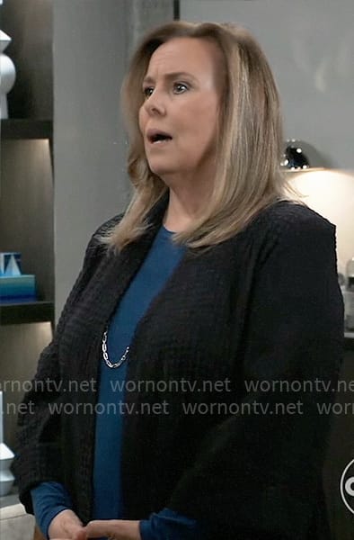 Laura's black waffle texture jacket on General Hospital