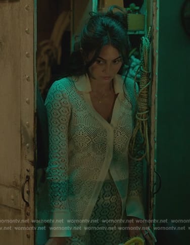 Leila's white lace shirt and pants on Death and Other Details