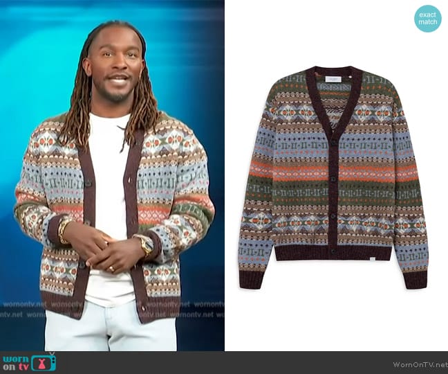 Les Deux Hordur Fair Isle Cardigan Sweater worn by Scott Evans on Access Hollywood