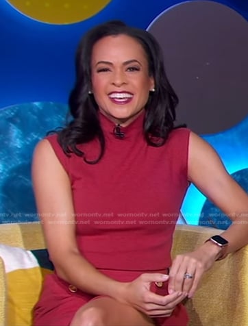 Linsey’s red top and button detail mini skirt on Good Morning America