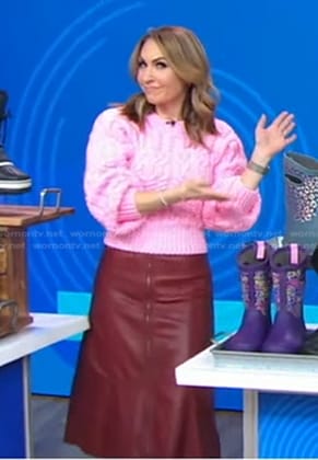 Lori's pink cable knit sweater and leather skirt on Good Morning America