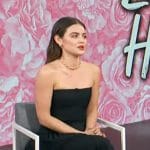 Lucy Hale’s black strapless top on Access Hollywood