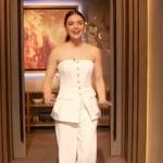 Lucy Hale’s white strapless jumpsuit on The Drew Barrymore Show