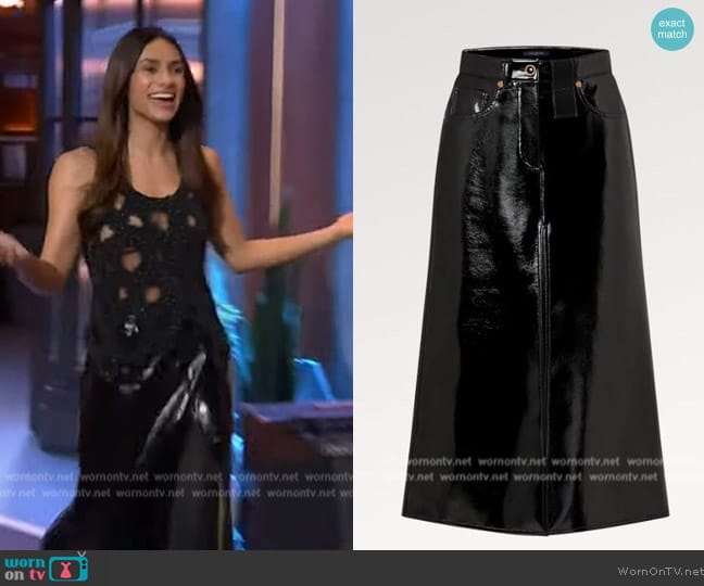 Louis Vuitton Crinkled Vinyl Midi Skirt worn by Renata Notni on The Kelly Clarkson Show