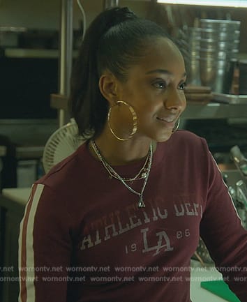 Mabel's red sleeve stripe long sleeve top on Good Trouble