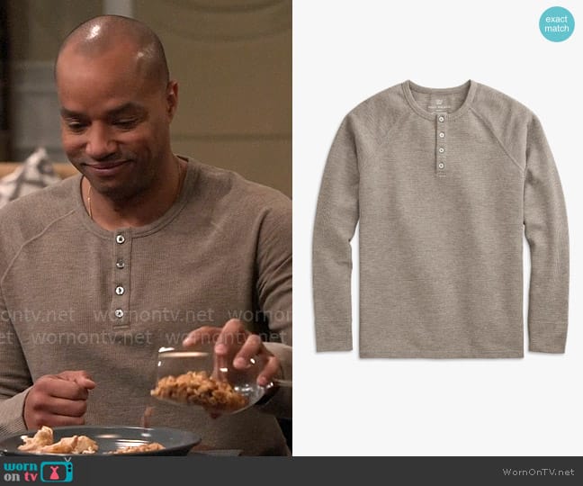 Mack Weldon WARMKNIT Waffle Henley in Walnut Heather worn by Trey Taylor (Donald Faison) on Extended Family