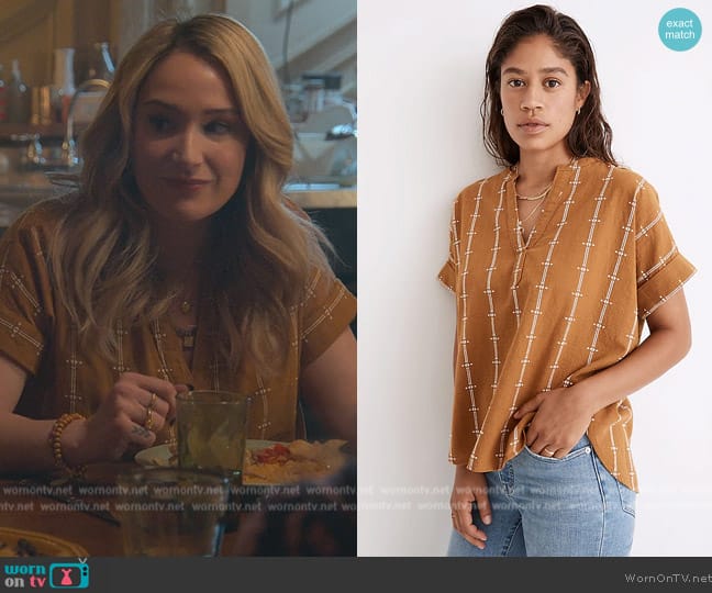 Madewell Lakeline Popover Shirttail Top in Jacquard Stripe worn by Davia (Emma Hunton) on Good Trouble