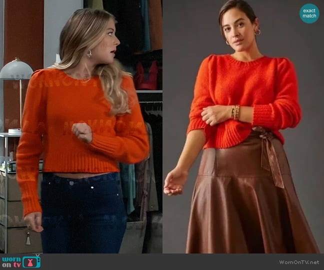 Maeve at Anthropologie Crewneck Puff-Sleeve Sweater worn by Josslyn Jacks (Courtney Fulk) on General Hospital