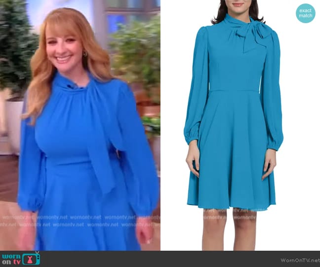 Maggy London Catalina Tie Neck Long Sleeve Fit & Flare Crepe Dress worn by Melissa Rauch on The View