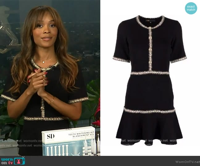 Maje Embellished-trim knitted mini dress worn by Zuri Hall on Access Hollywood