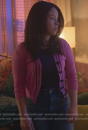 Mariana's pink stripe trim cardigan on Good Trouble