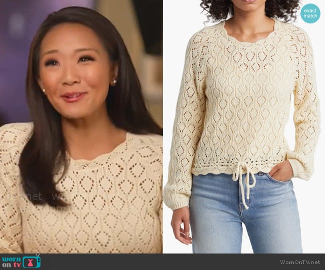 Marine Layer Pointelle Drawstring Waist Sweater worn by Nancy Chen on CBS Mornings