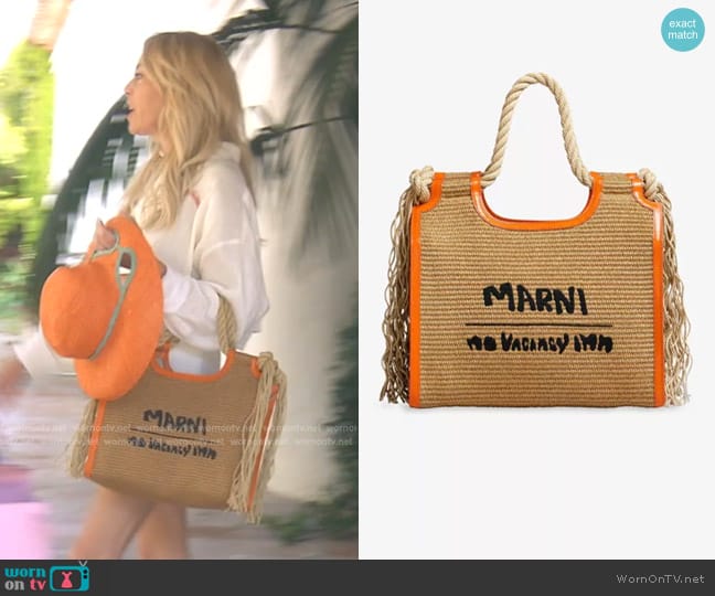 Marni x No Vacancy Inn Marcel Raffia-Effect Tote Bag worn by Sutton Stracke on The Real Housewives of Beverly Hills