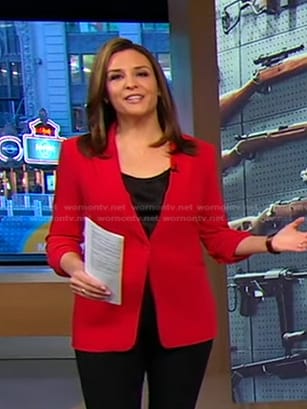 Mary’s red ruched sleeve blazer on Good Morning America