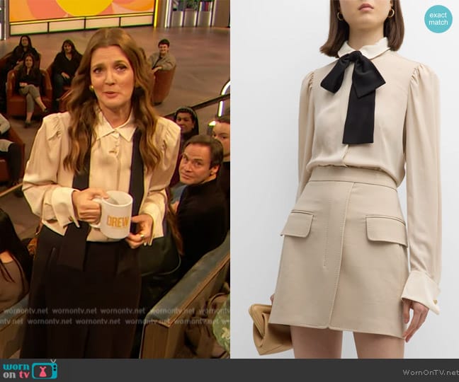 Max Mara Globo Bow-Neck Collared Silk Shirt worn by Drew Barrymore on The Drew Barrymore Show