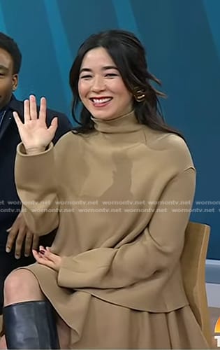 Maya Erskine’s camel turtleneck sweater and mini skirt on Today