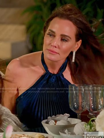 Meredith’s navy pleated halter dress on The Real Housewives of Salt Lake City