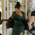 Mia’s emerald satin ruched dress on The Real Housewives of Potomac