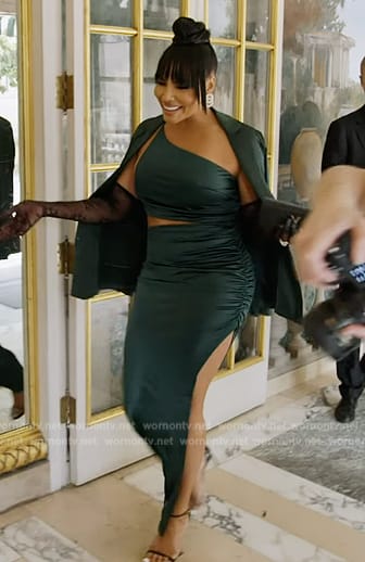 Mia's emerald satin ruched dress on The Real Housewives of Potomac