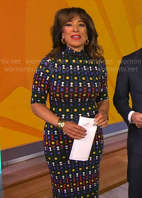 Michelle Miller’s geometric print dress on CBS Mornings