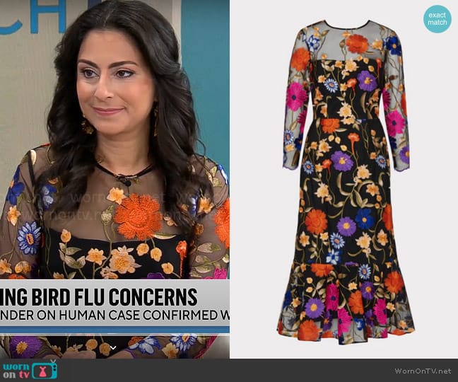 Milly Rosalind Fall Foliage Embroidery Dress worn by Dr. Celine Gounder on CBS Mornings