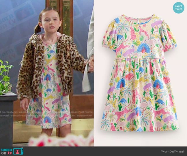 Mini Boden Bold Prints Puff Sleeve Jersey Summer Dress in Desert Animal worn by Rachel Black (Finley Rose Slater) on Days of our Lives