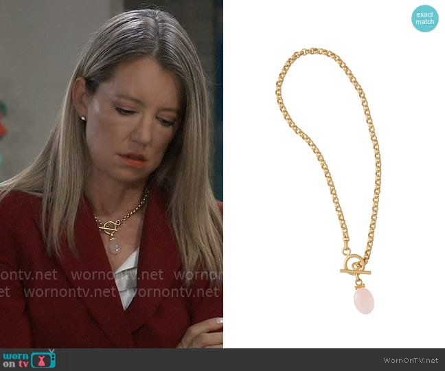 Misook Handmade Rose Quartz Pendant Toggle Chain Necklace worn by Nina Reeves (Cynthia Watros) on General Hospital