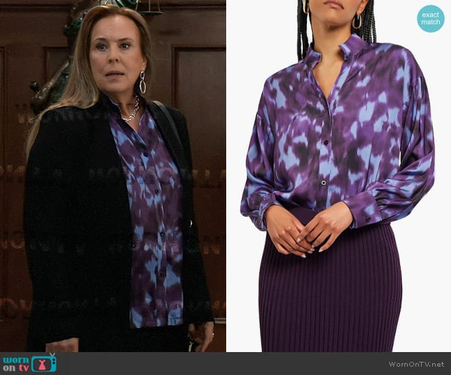 Misook Abstract Print Blouse in Ultraviolet worn by Laura Collins (Genie Francis) on General Hospital