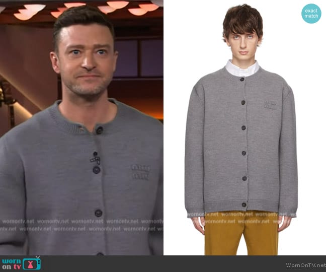 Miu Miu Gray Applique Cardigan worn by Justin Timberlake on The Kelly Clarkson Show