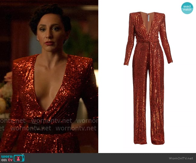 Naeem Khan Long-Sleeve Sequin Jumpsuit worn by Anna (Lauren Patten) on Death and Other Details