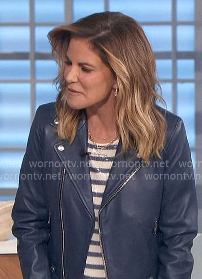 Natalie's blue sequin stripe top and leather jacket on The Talk