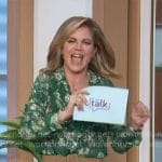 Natalie’s green floral blouse and camel pants on The Talk