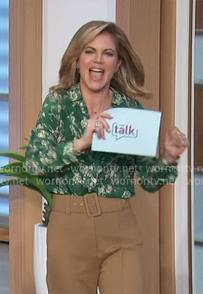 Natalie’s green floral blouse and camel pants on The Talk