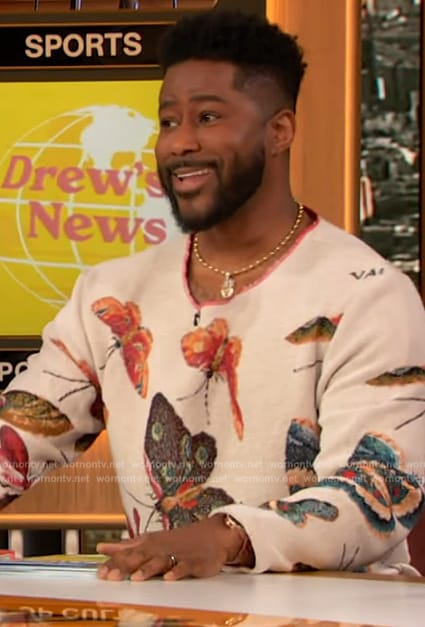 Nate Burleson's white butterfly print sweater on The Drew Barrymore Show