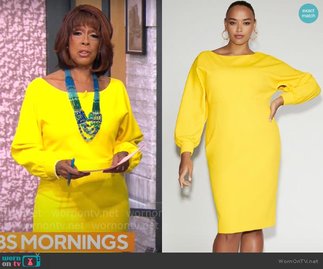 Gabrielle Union Collection at New York & Company Bouncing Yellow Cut Out Slit Sleeve Sheath Dress worn by Gayle King on CBS Mornings