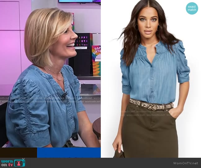 New York & company Ultra-Soft Chambray Puff-Sleeve Shirt worn by Kate Snow on NBC News Daily