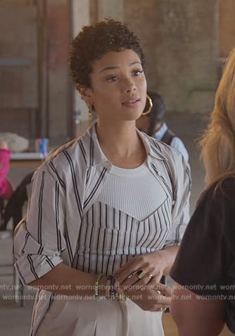 Nora's white stripe corset shirt on Good Trouble