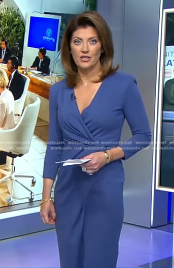 Norah's blue gathered sheath dress on CBS Evening News