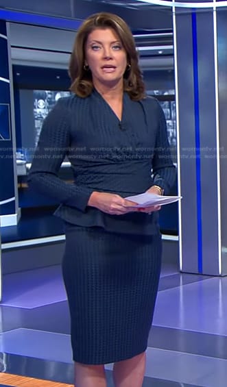 Norah’s blue geometric print dress on CBS Evening News