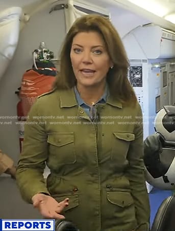 Norah's green utility jacket on CBS Evening News